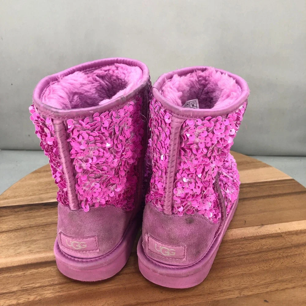 UGG Classic Short Sequin Pink Boots Girls Size 4 Sparkle Shearling Lined